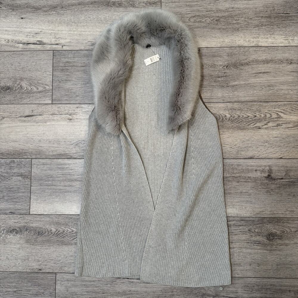 Talbots Sweater Vest XL Gray Faux Fur Collar Ribbed Knit Duster Holiday Preppy